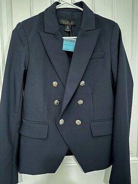 Rachel Zoe Women Navy Double-Breasted Blazer Silver Crest Buttons New with Tags